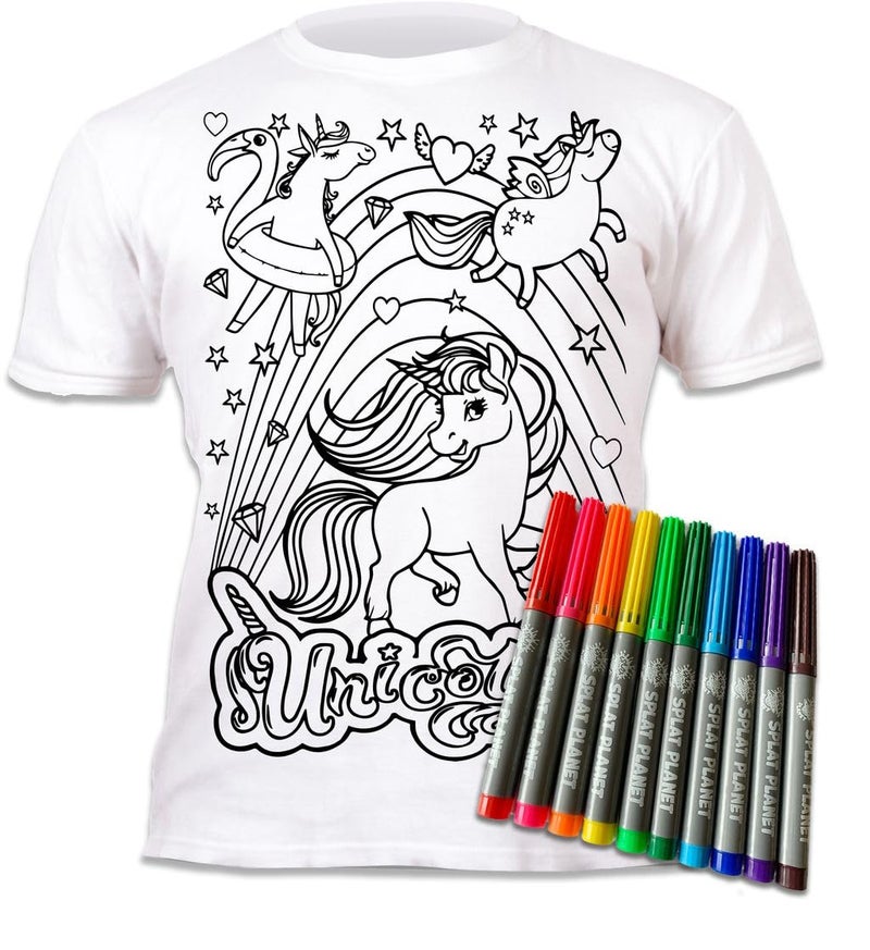 Splat Planet Colour-in Unicorn T-Shirt with 10 Non-Toxic Washable Magic Pens - Colour Your Own, Colour-in and Wash Out T-Shirt, Reusable Colouring Clothes for Kids, for Kids - Image 1